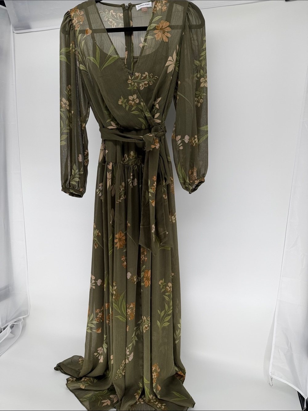 Calvin Klein Olive Floral Wrap Maxi Dress